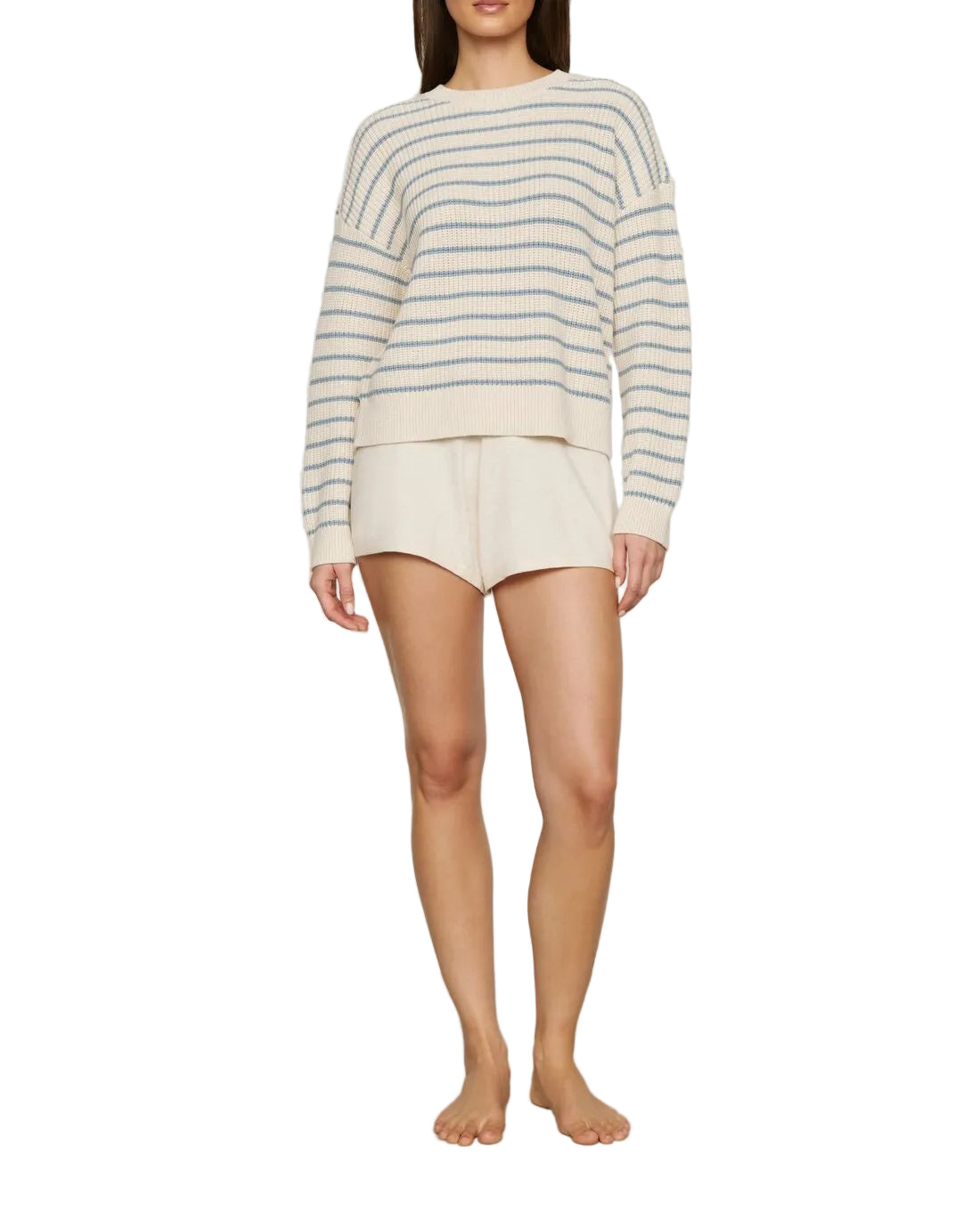 Coastal Cotton Crewneck in Stripe Almond Heather/Faded De