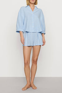 Linen-Blend Relaxed Short in Gingham White/Summer Blue
