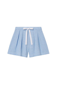Linen-Blend Relaxed Short in Gingham White/Summer Blue