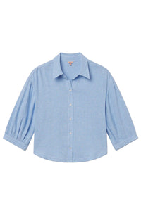 Linen-Blend Three-Quarter Sleeve Top in Gingham White/Summer Blue