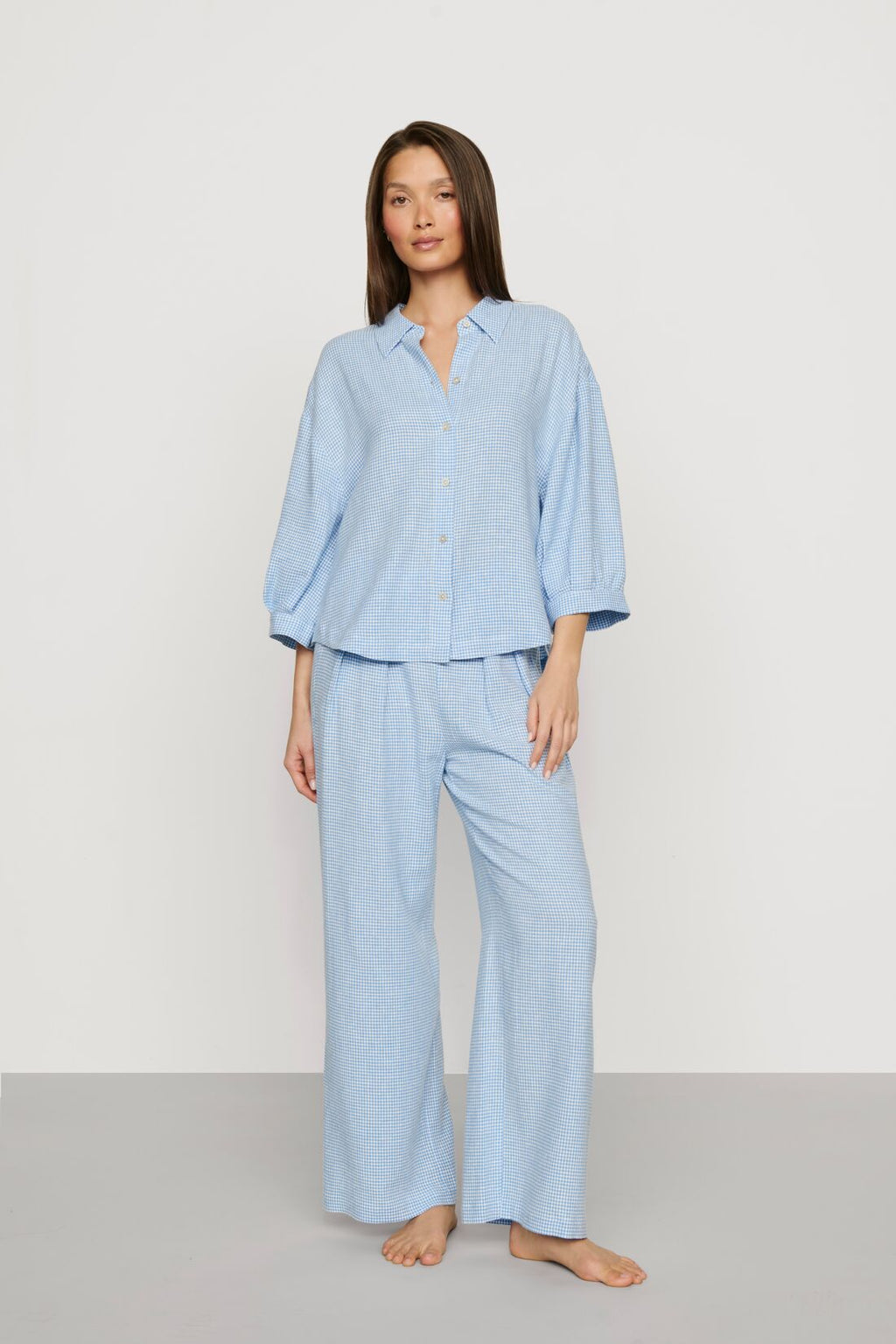 Linen-Blend Relaxed Pant in Gingham White/Summer Blue
