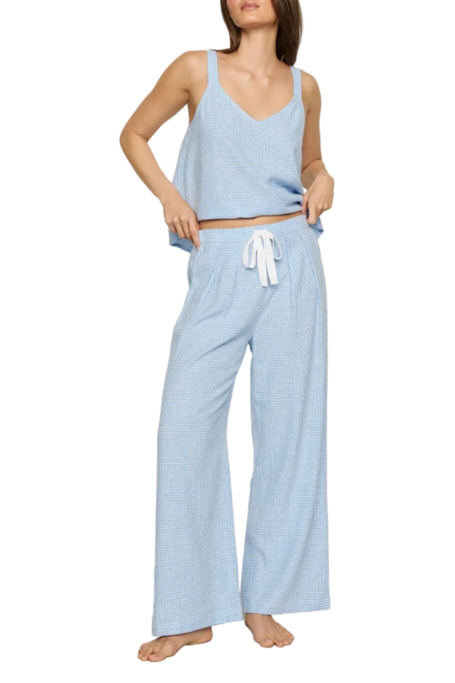 Linen-Blend Relaxed Pant in Gingham White/Summer Blue