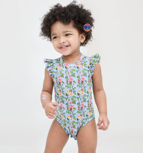 The Jillee Ruffle Onesie in Geranium Stripe