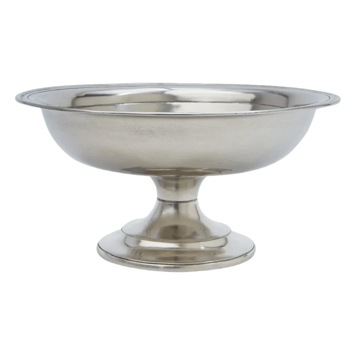 Front view of Lucca Centerpiece pewter bowl showcasing its raised pedestal and wide rim with a white background