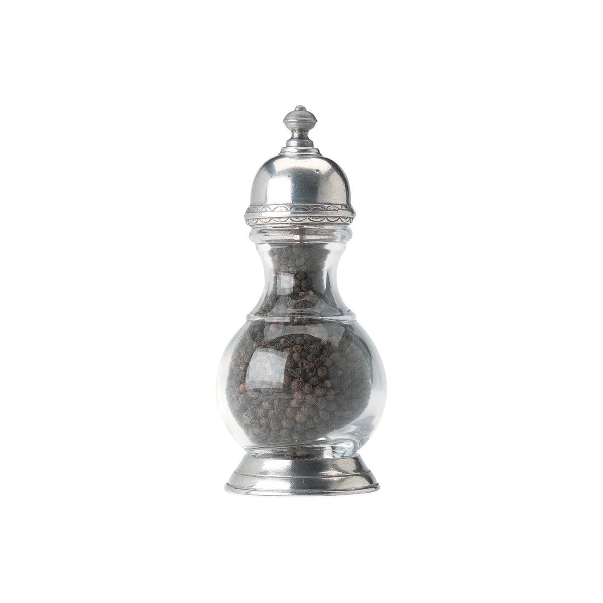 Front view of Lucca Pepper Mill showcasing glass curves and an ornate pewter cap on white background