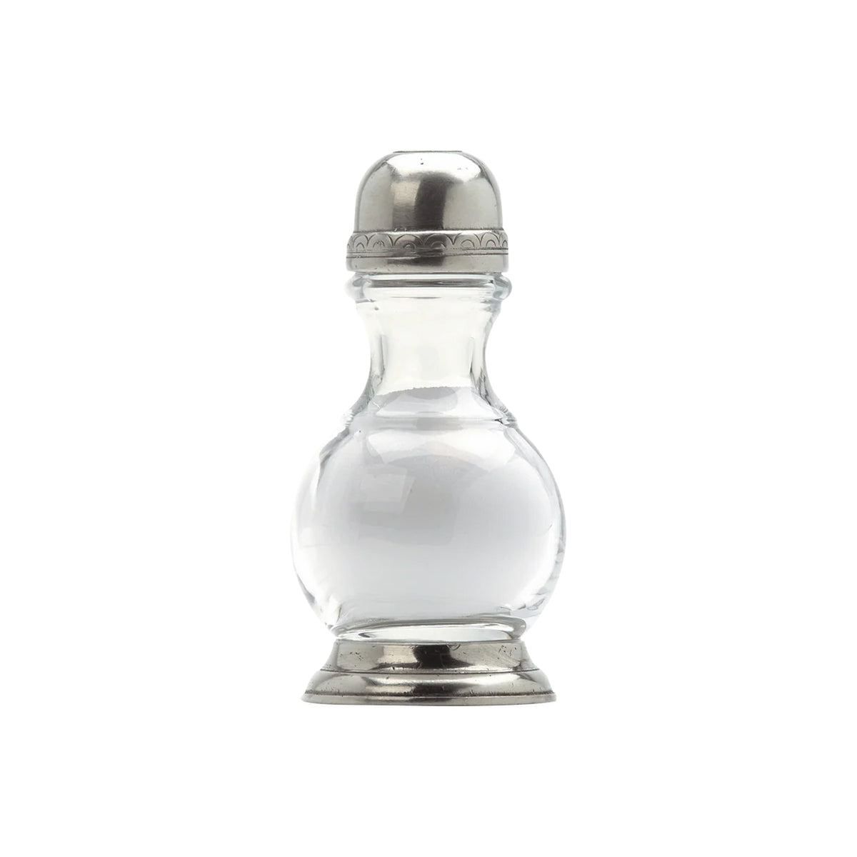 Front view of Lucca sugar, salt, and pepper shaker showcasing clear glass body, silver-tone cap and base on white background