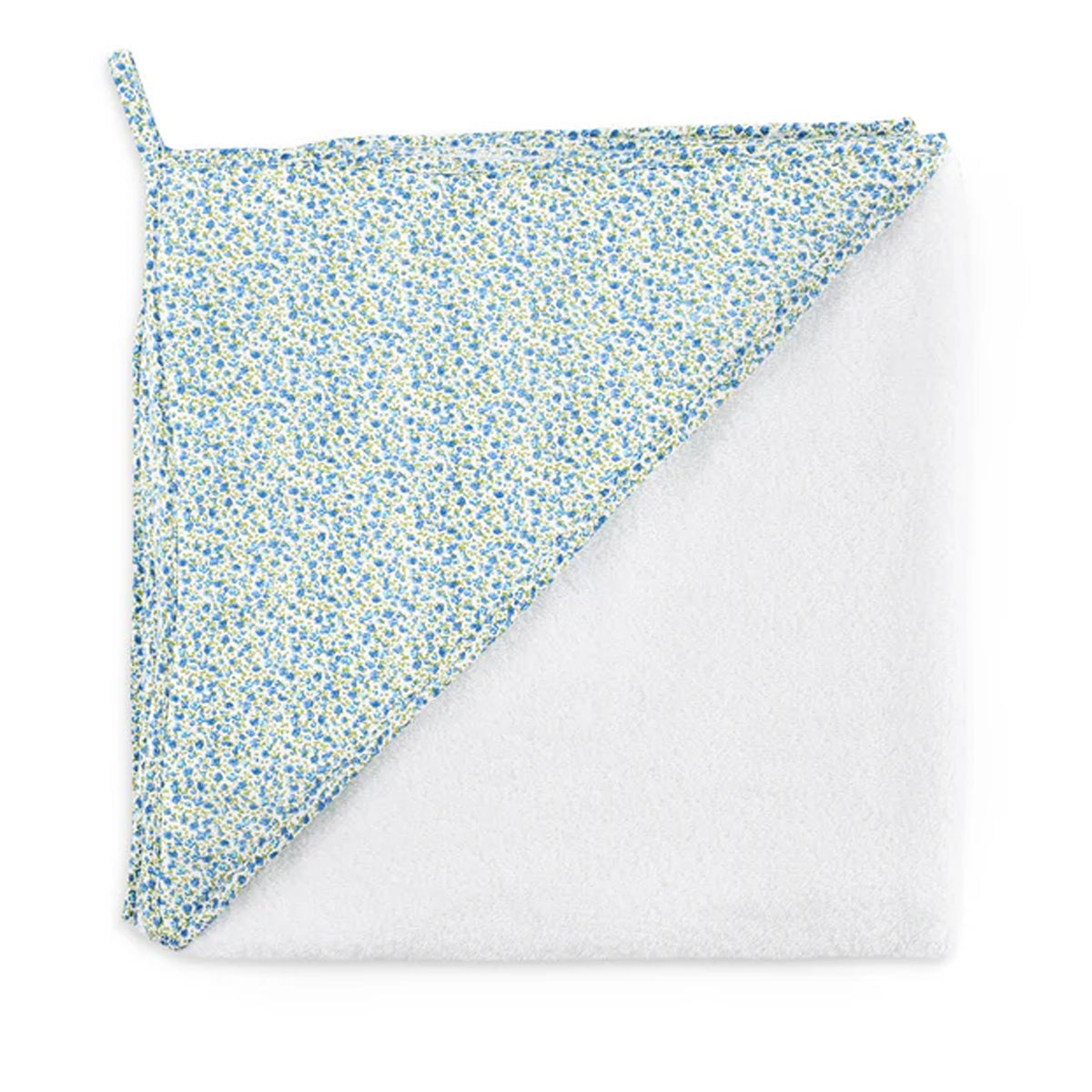 Top down view of Lucky Hooded Towel showing white terry cotton with blue floral hood trim on white background