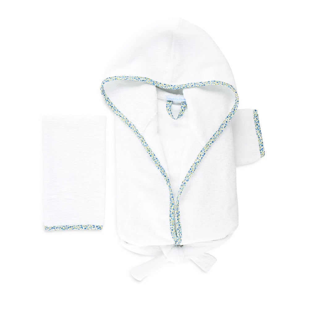 Front view of toddler hooded bathrobe and matching washcloth showcasing blue floral trim on white cotton terry on white background