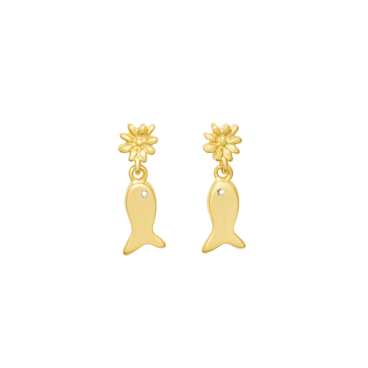 Pair of Lucky Catch earrings, 24K gold-plated fish charms with pearl accents hanging from floral toppers on white background
