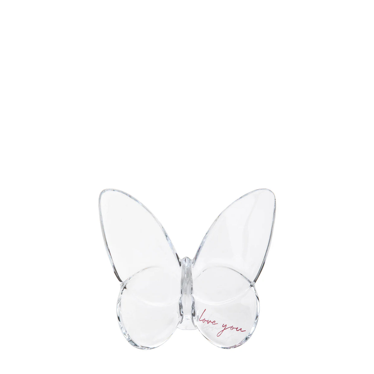 Front view of Lucky to Love You Butterfly showcasing pink script I Love You etched on clear crystal against white background
