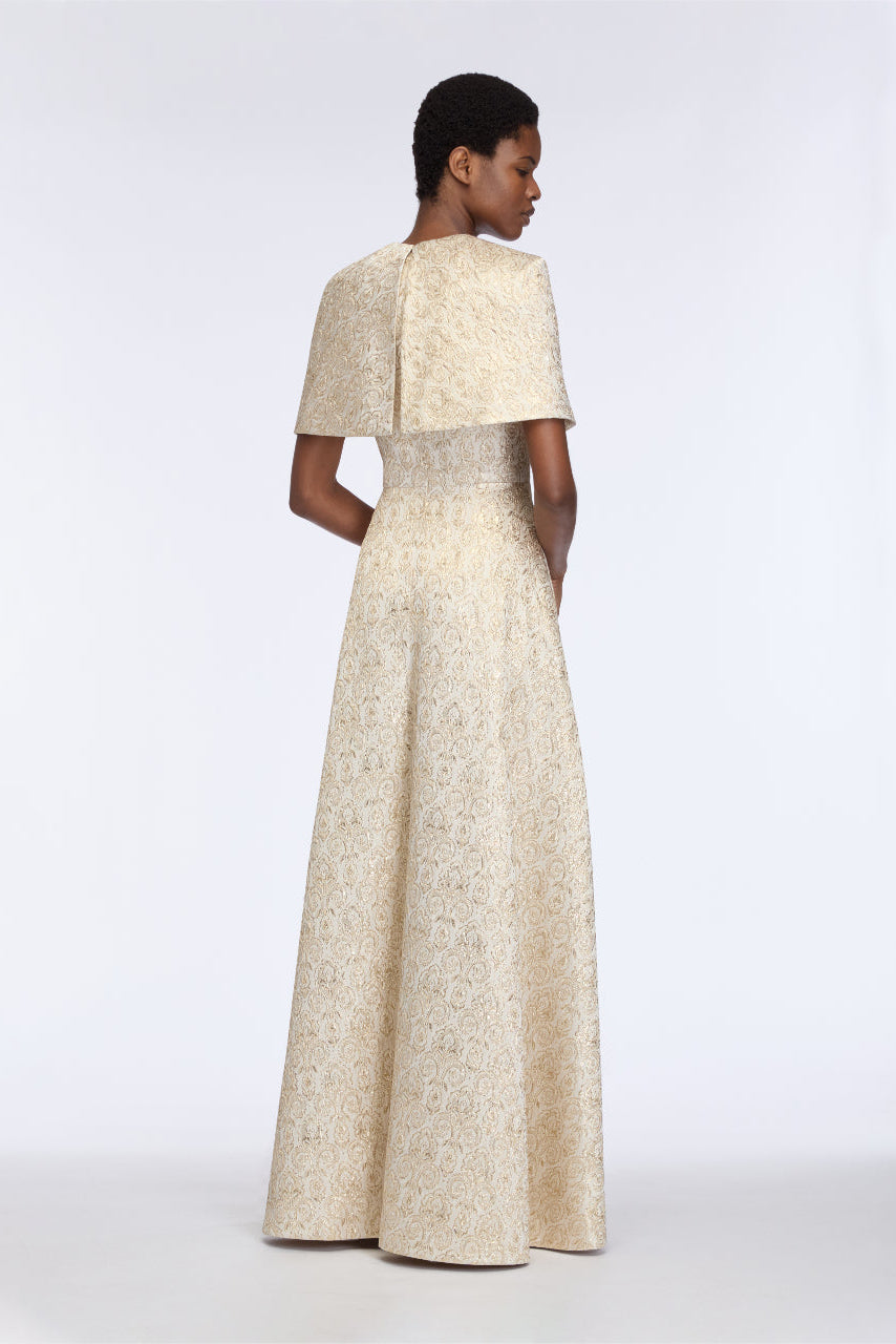 Lucretia Dress in Gold Metallic Jacquard Model Back Shot | Emilia Wickstead