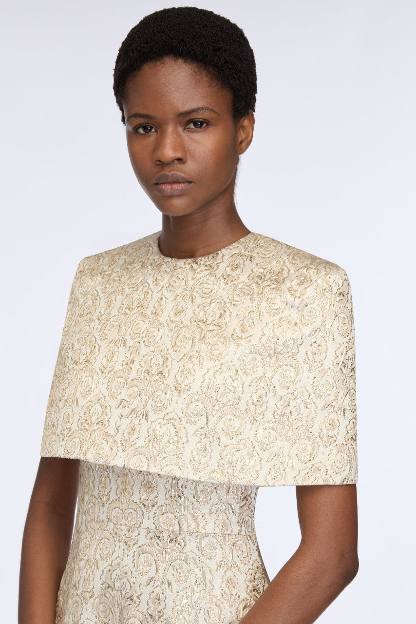 Lucretia Dress in Gold Metallic Jacquard Model Detail Shot | Emilia Wickstead