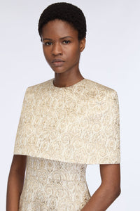 Lucretia Dress in Gold Metallic Jacquard Model Detail Shot | Emilia Wickstead