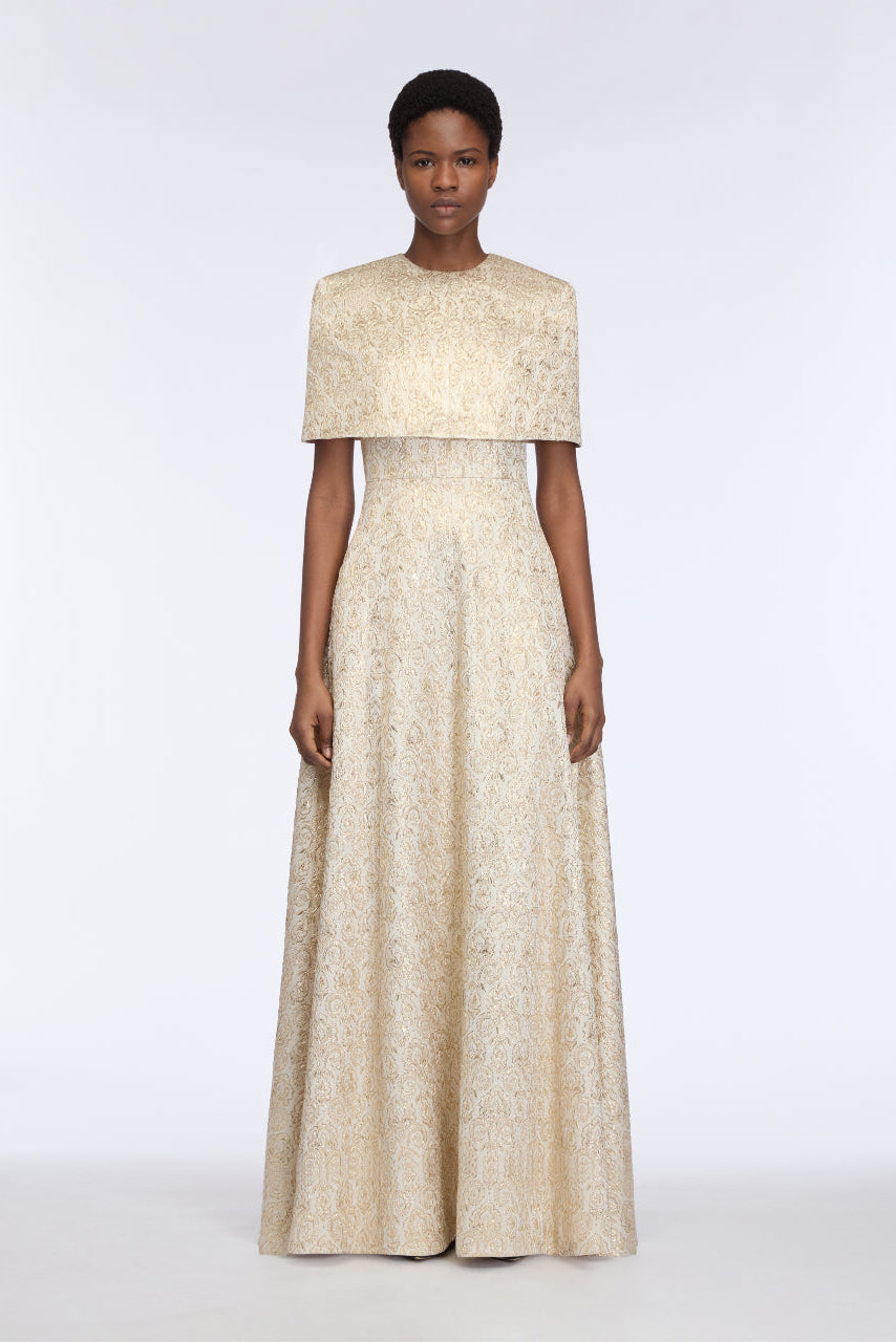 Lucretia Dress in Gold Metallic Jacquard Model Front Shot | Emilia Wickstead