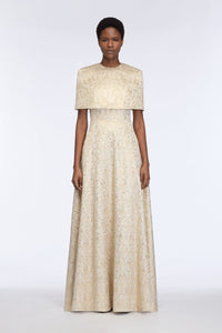 Lucretia Dress in Gold Metallic Jacquard Model Front Shot | Emilia Wickstead