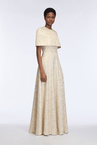 Lucretia Dress in Gold Metallic Jacquard Model Side Shot | Emilia Wickstead