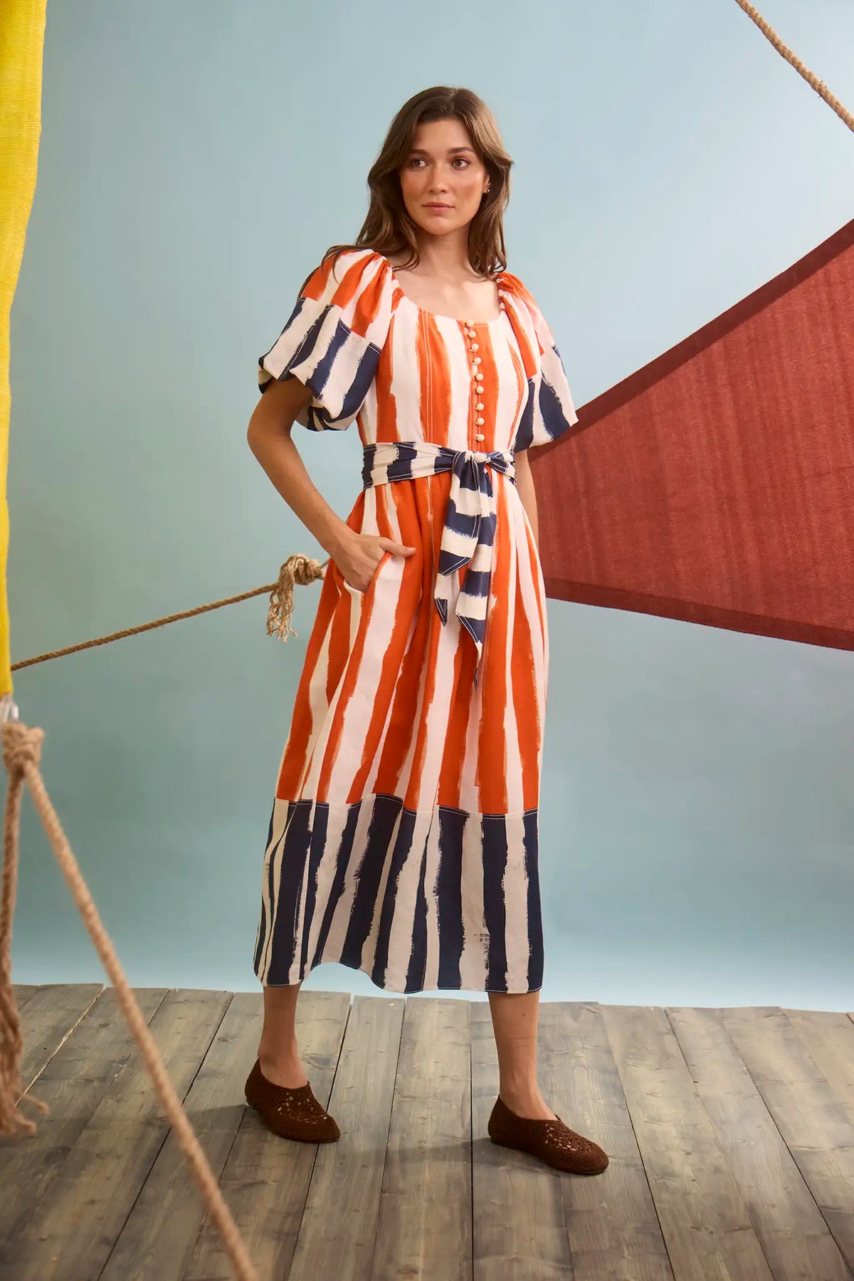 The Lucy Dress in Lighthouse Stripe Red.