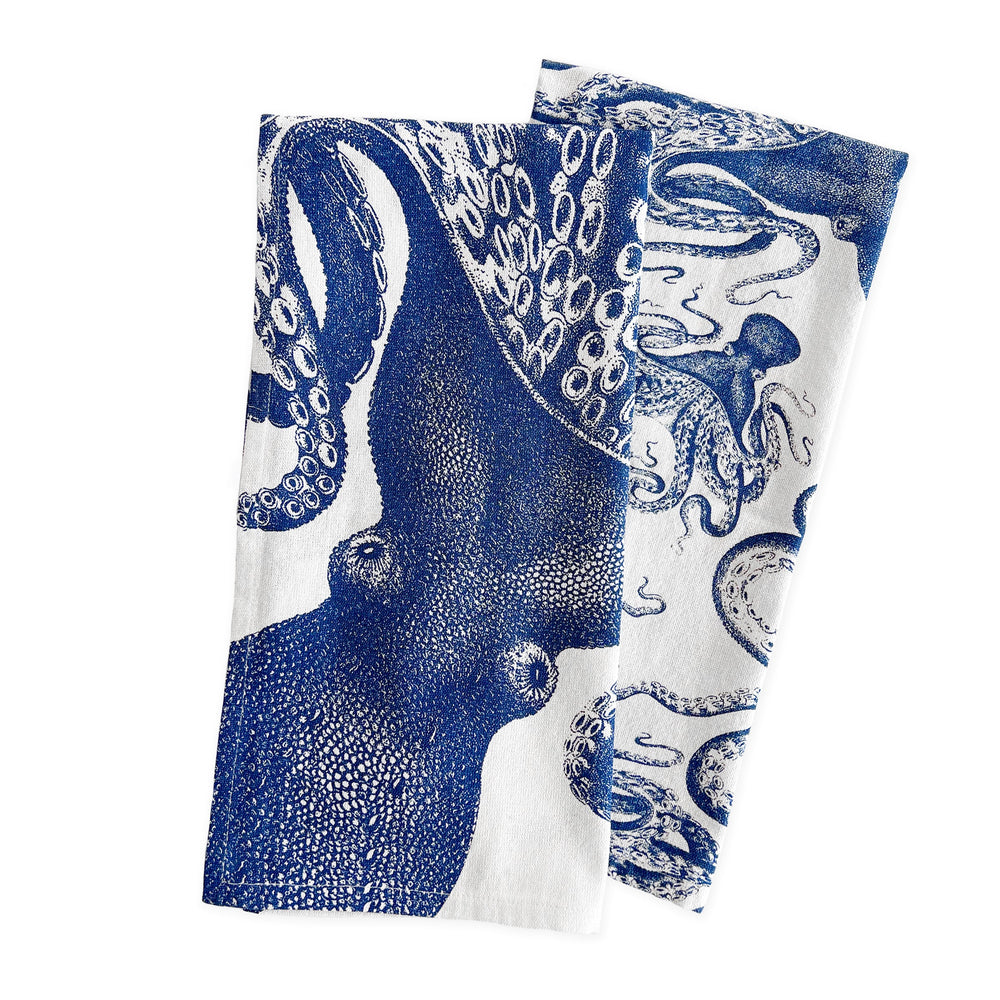 Folded view of Lucy kitchen towels, set of 2 showcasing blue octopus print on white background