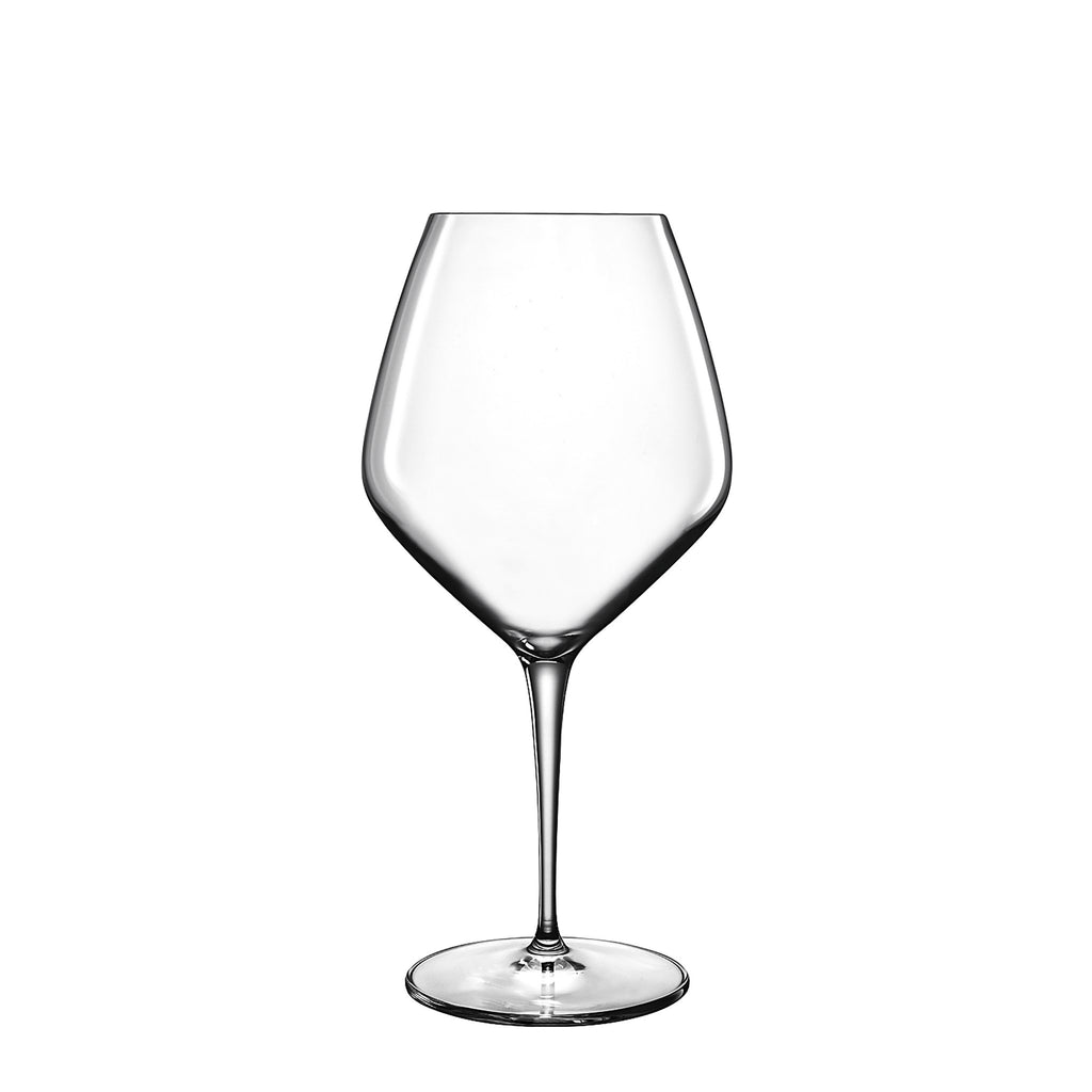Front view of Luigi Bormioli Atelier Barolo wine glass showcasing clear blown crystal glass and a long stem against a white background