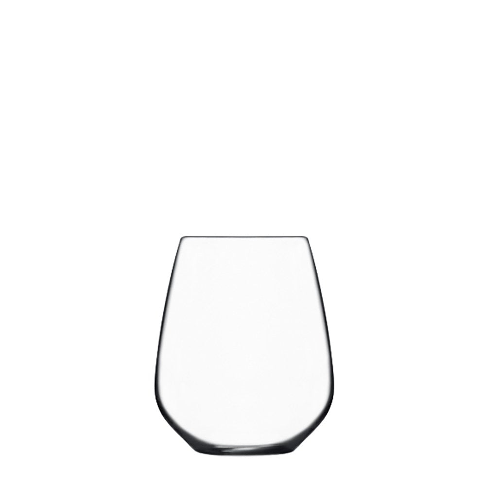 Front view of Luigi Bormioli Atelier Cabernet Stemless wine glass showcasing its stemless design on a white background