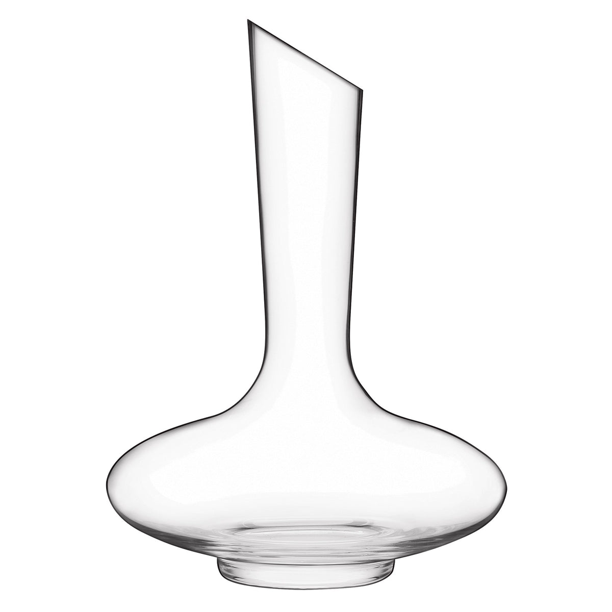 Front view of Luigi Bormioli Atelier Decanter showcasing clear blown crystal glass and wide bowl with white background