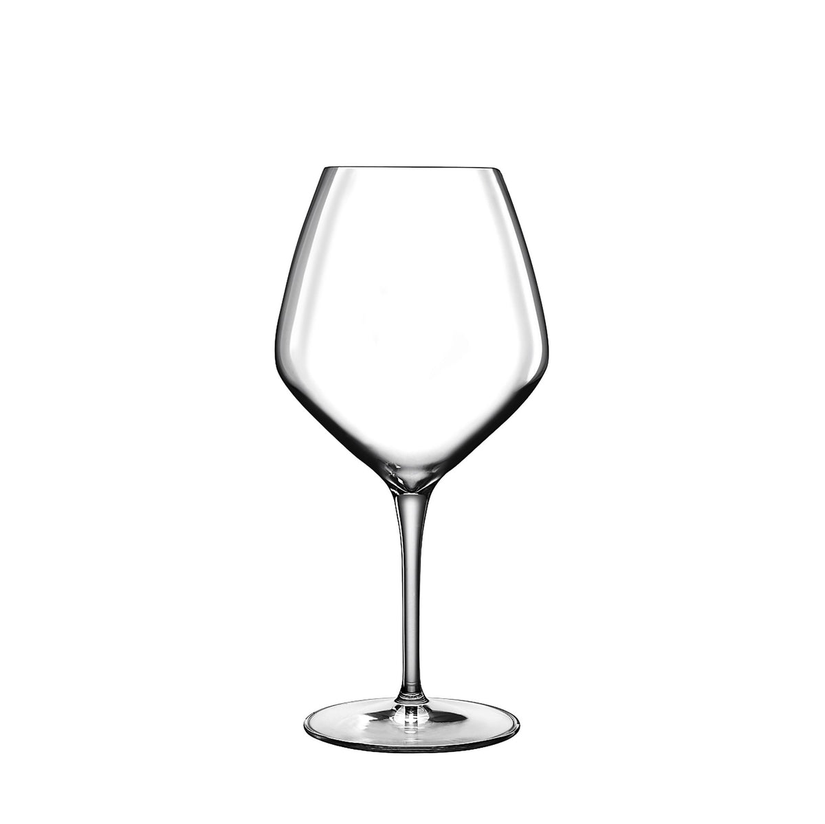 Front view of Luigi Bormioli Atelier Pinot Noir wine glass showcasing its clear bowl and slender stem on a white background
