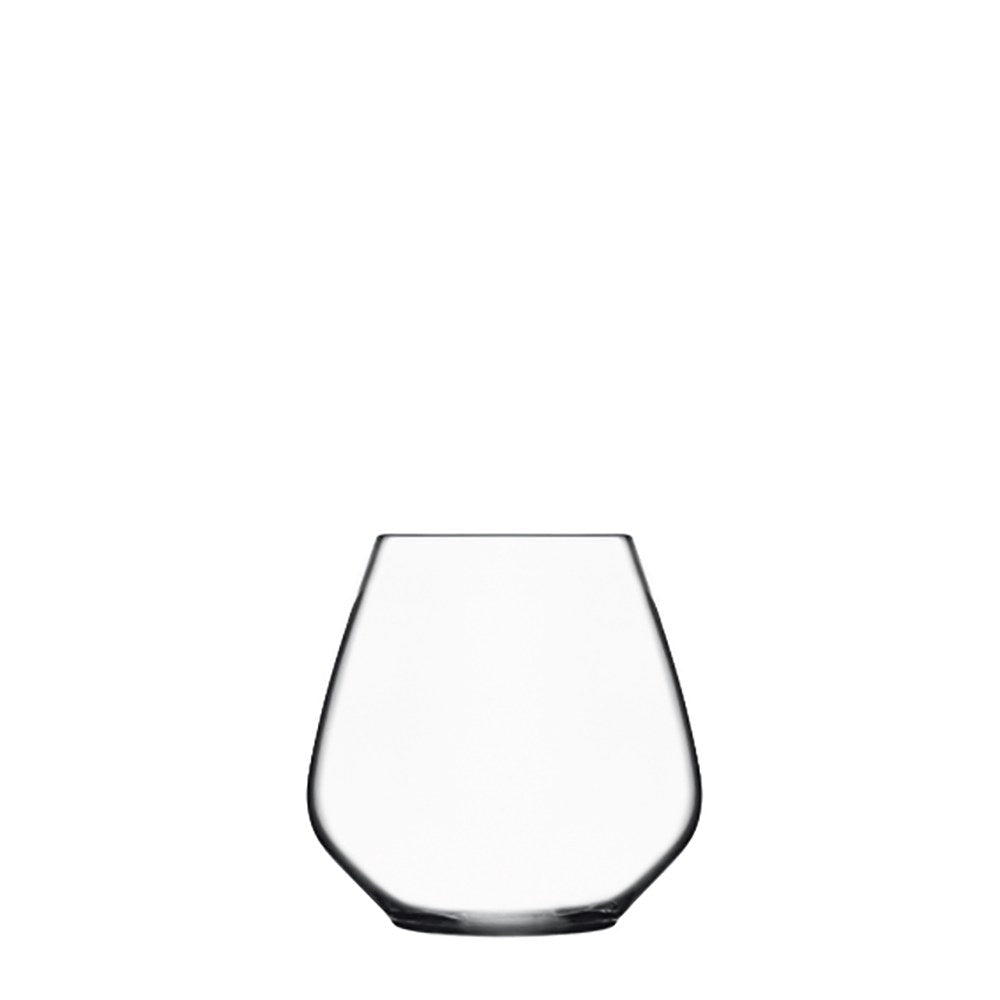 Front view of Luigi Bormioli Atelier Pinot Noir Stemless wine glass showcasing its stemless design with a white background