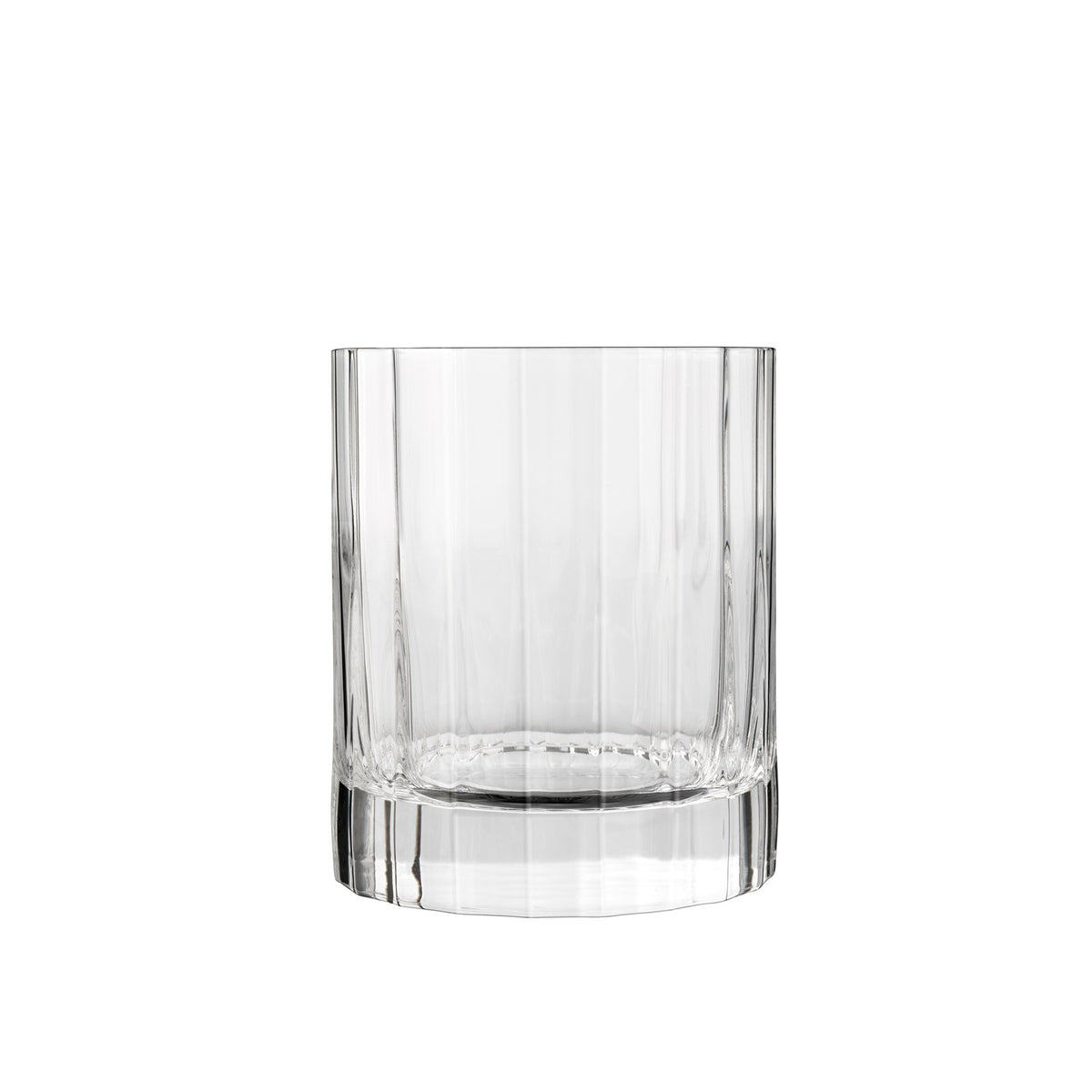 Front view of Luigi Bormioli Bach DOF tumbler showcasing elegant faceted design with a white background