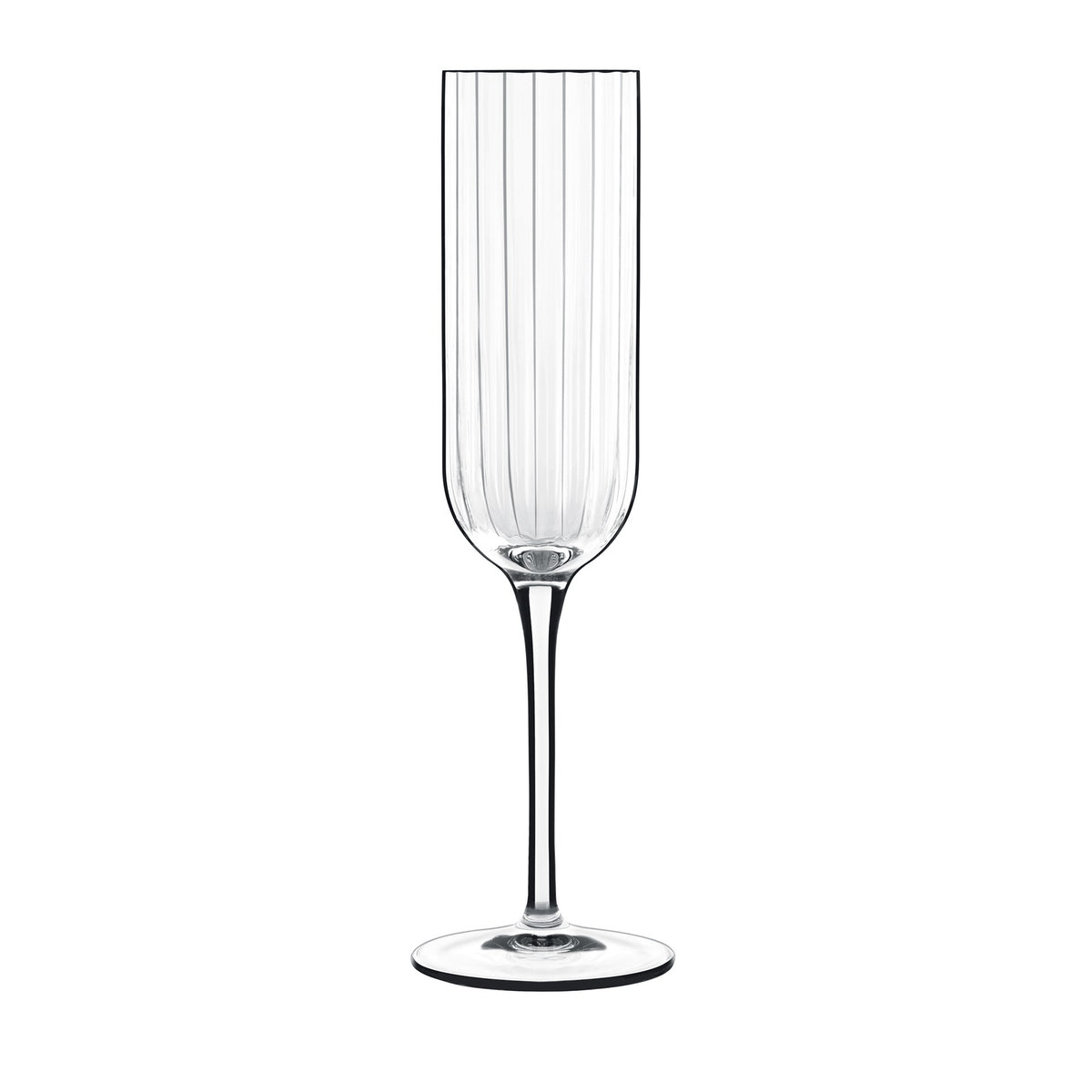 Front view of Luigi Bormioli Bach Flute champagne glass showcasing its faceted bowl and slender stem on a white background