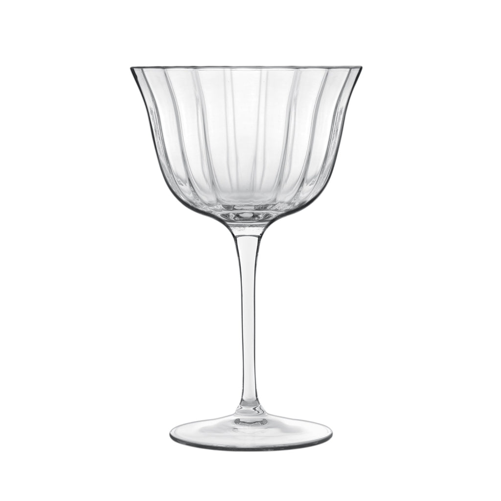 Front view of Luigi Bormioli Bach Retro Fizz showcasing elegant faceted design with white background