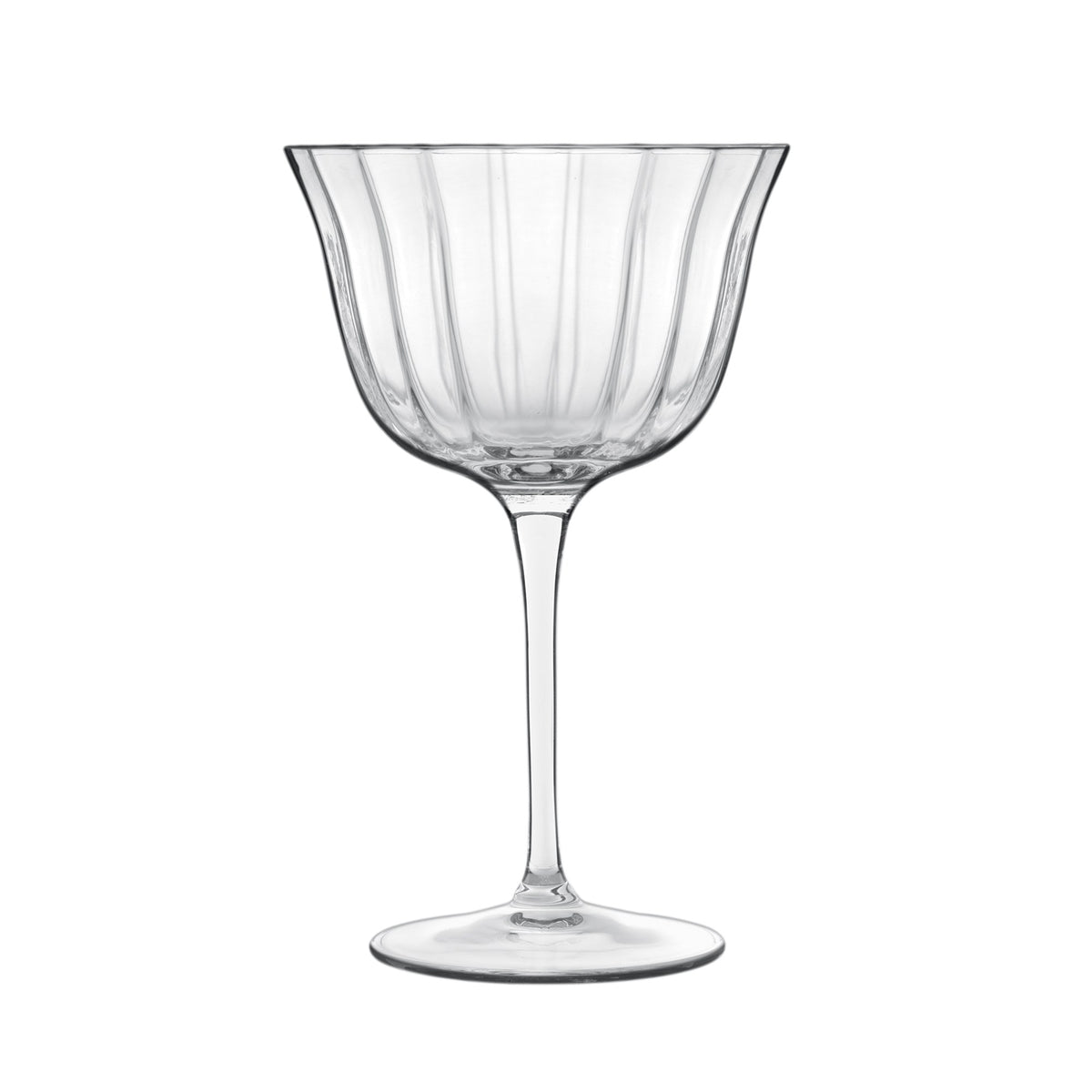 Front view of Luigi Bormioli Bach Retro Fizz showcasing elegant faceted design with white background