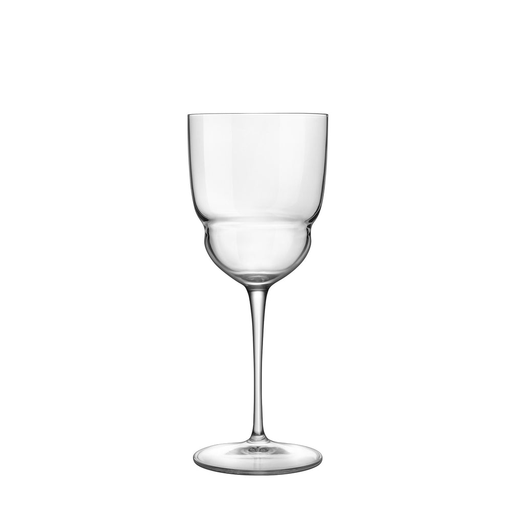 Front view of Luigi Bormioli Backdoor ‘20s Barracuda cocktail glass showcasing clear blown crystal and long stem on white background