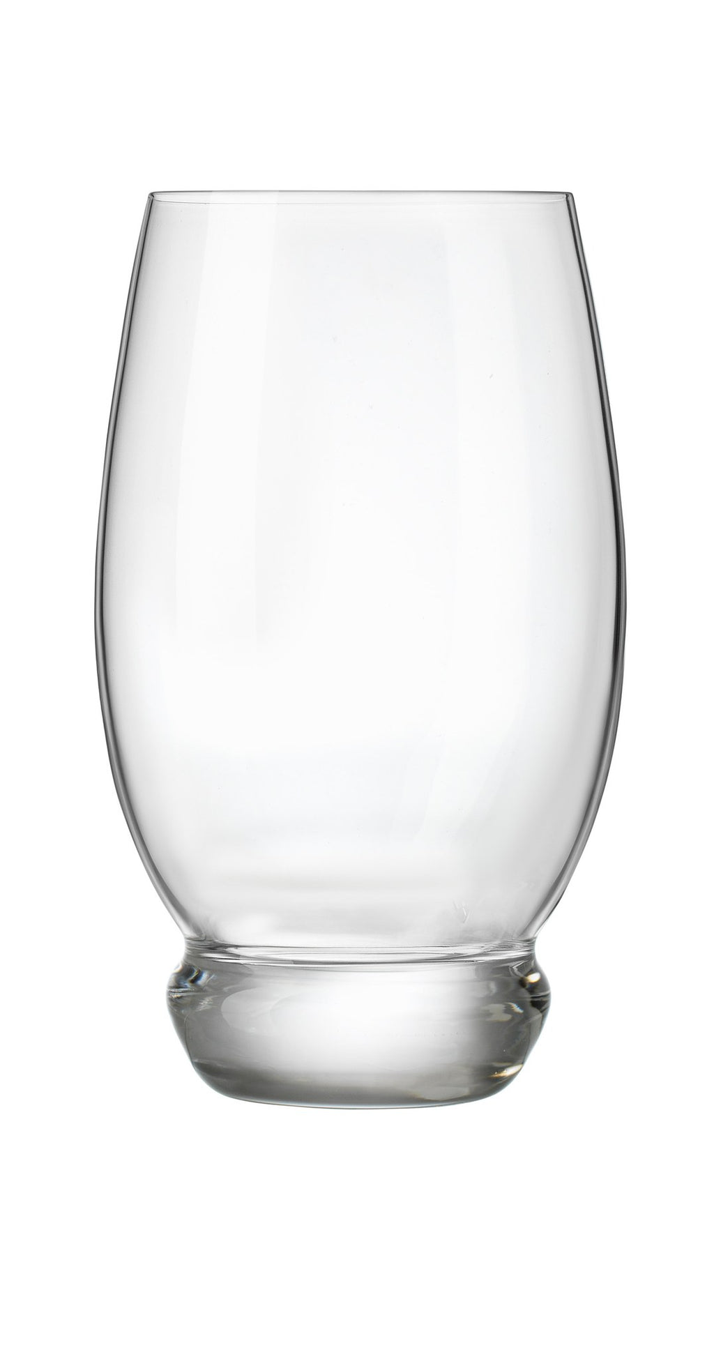 Front view of Luigi Bormioli Backdoor ‘20s Bramble tumbler showcasing high-tech blown crystal glass and rounded base against a white background