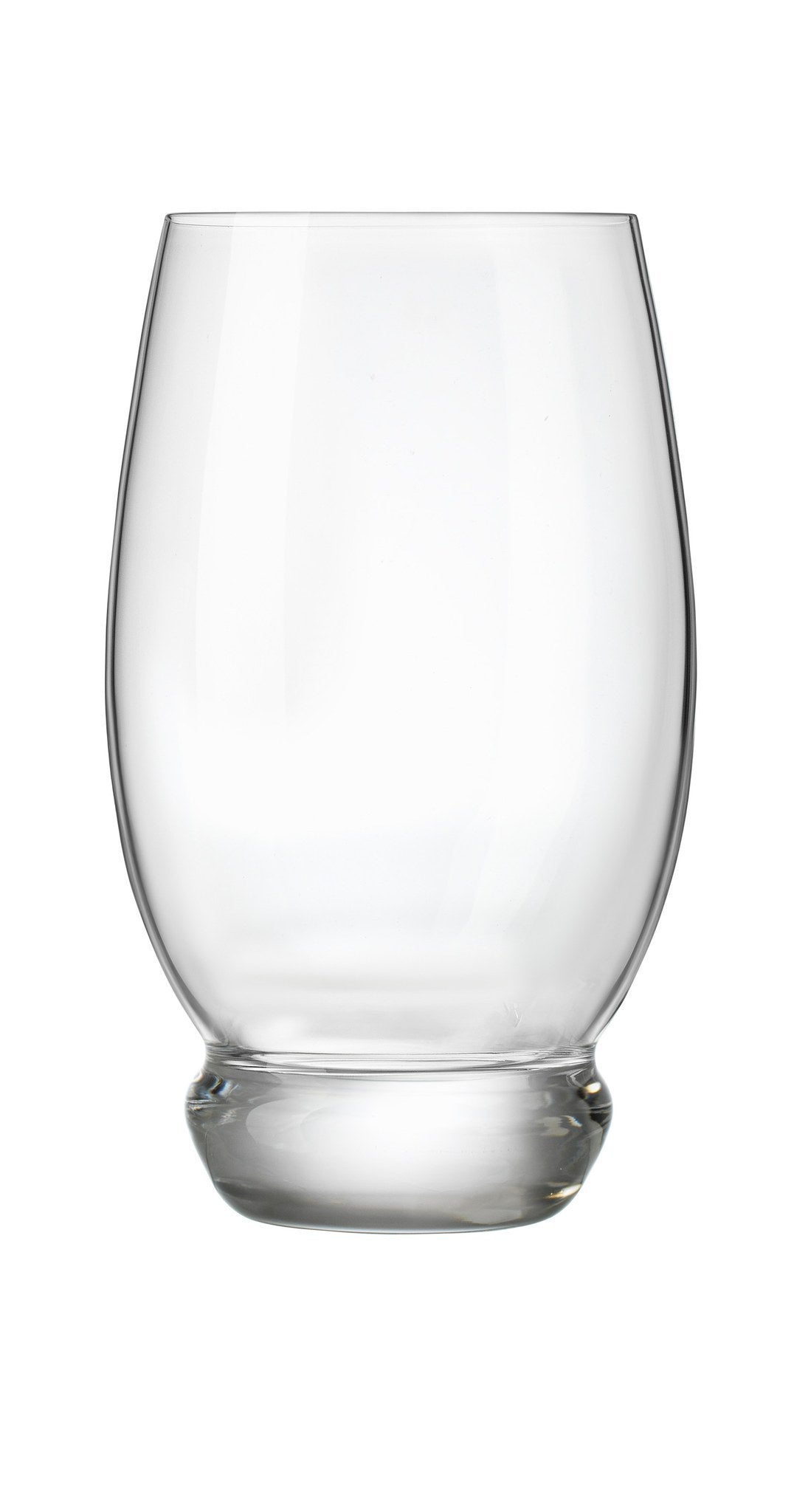 Front view of Luigi Bormioli Backdoor ‘20s Bramble tumbler showcasing high-tech blown crystal glass and rounded base against a white background
