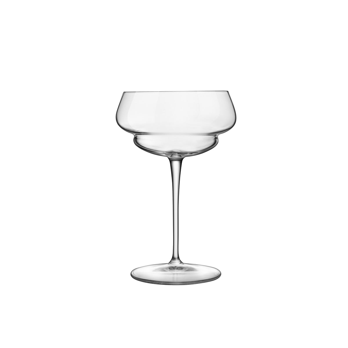 Front view of Luigi Bormioli Backdoor ‘20s Great Gadspy cocktail glass showcasing wide bowl and slender stem on white