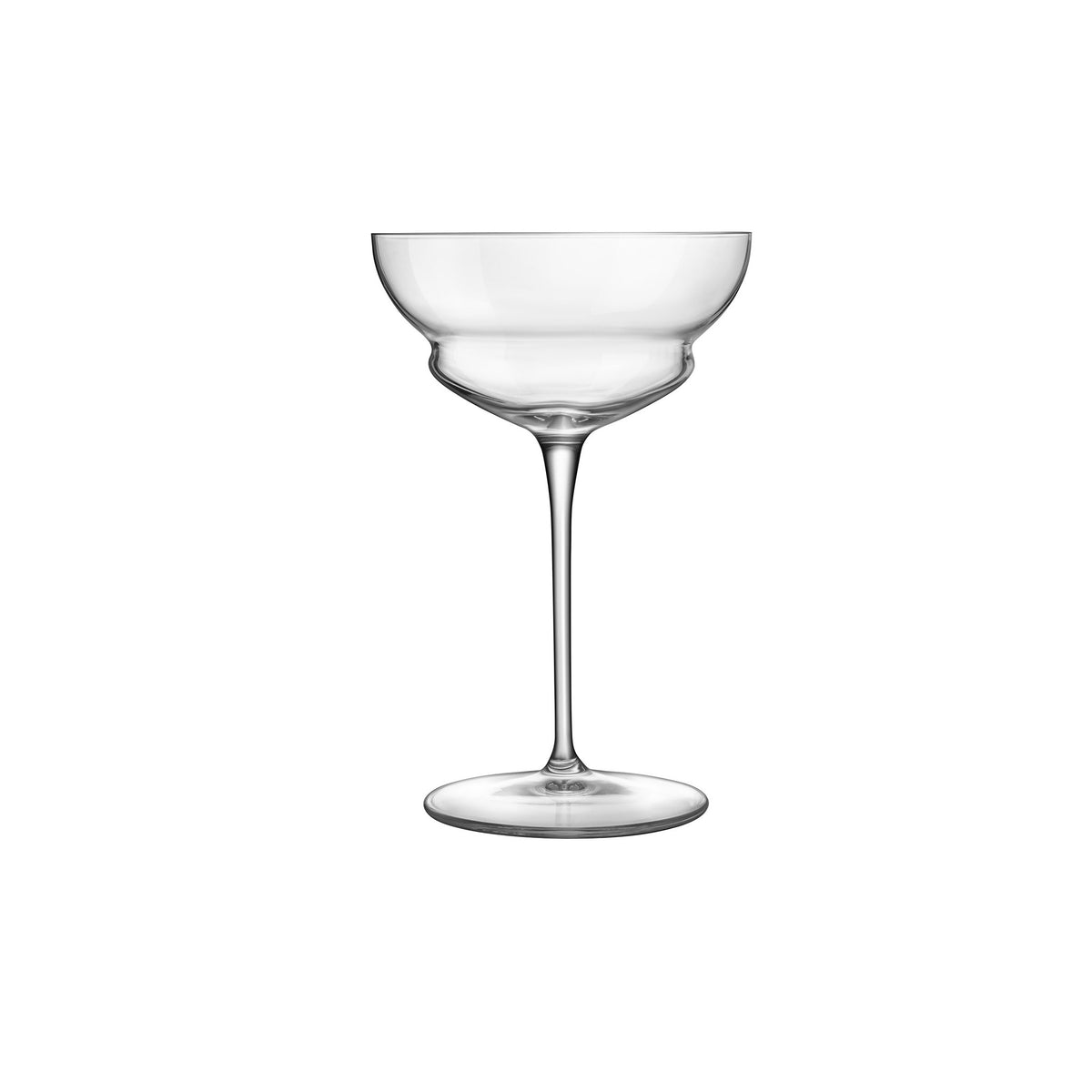 Front view of Luigi Bormioli Backdoor ‘20s Hemmingway Special cocktail glass with a coupe bowl and long stem on white background