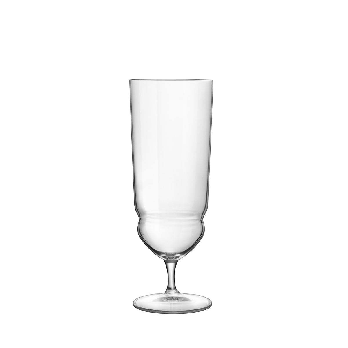 Front view of Luigi Bormioli Backdoor ‘20s Tequila Sunrise cocktail glass with a tall clear bowl, stem, and round base