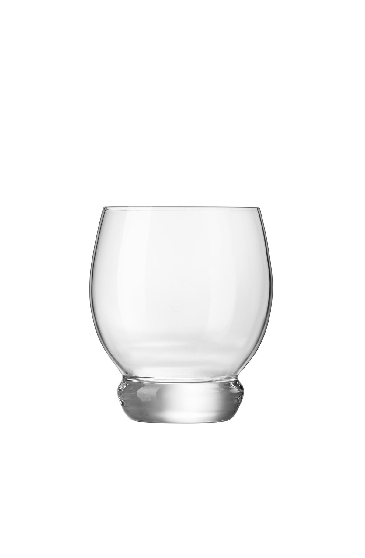 Front view of Luigi Bormioli Backdoor ‘20s Whisky tumbler showcasing rounded bowl and thick base on white background