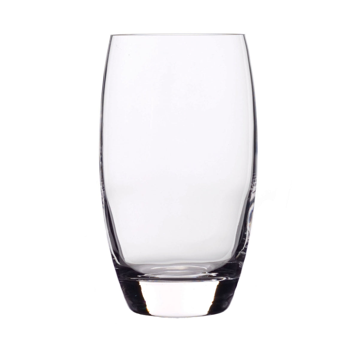 Front view of Luigi Bormioli Crescendo Beverage 20 oz tumbler showcasing clear glass and thick base on white background