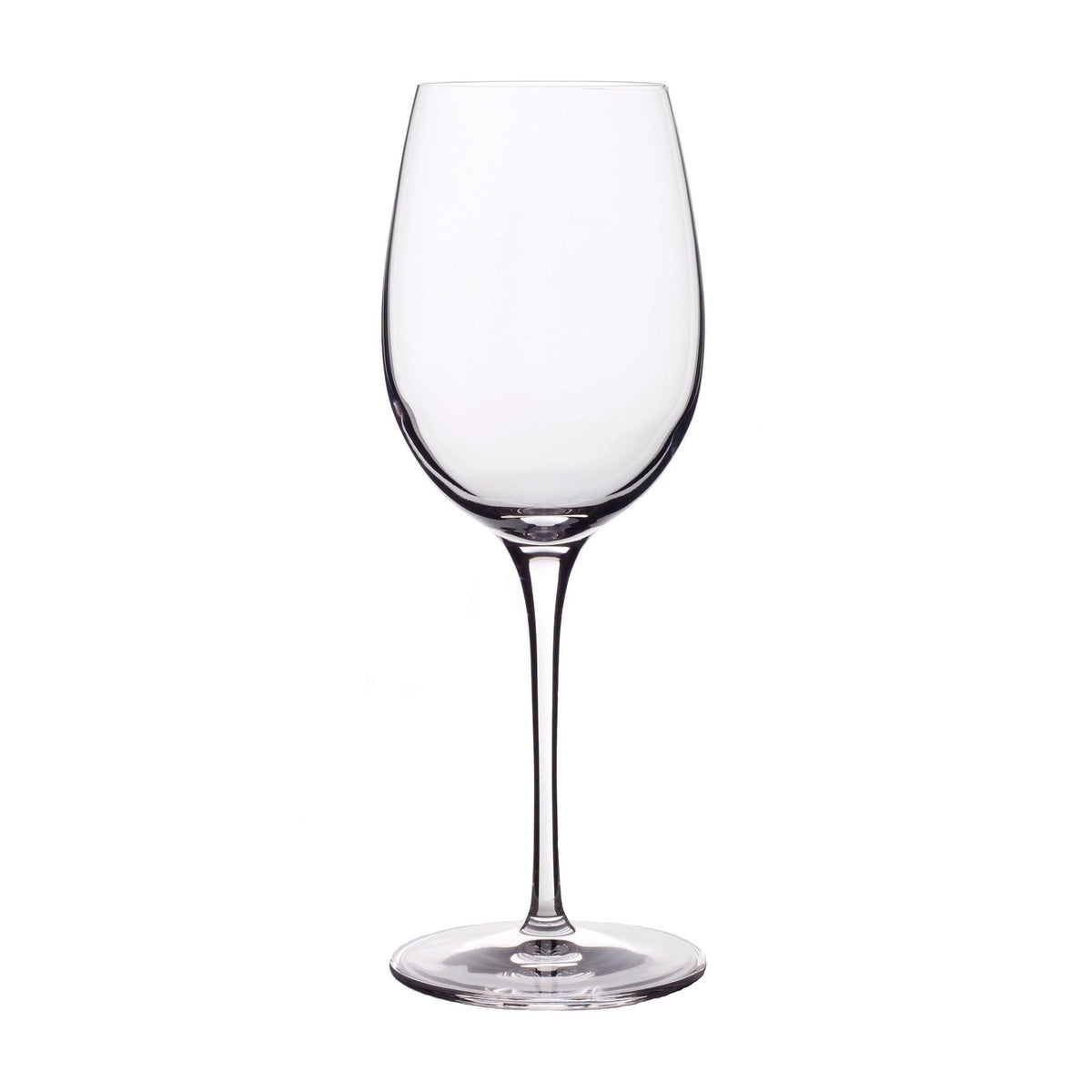 Front view of Luigi Bormioli Crescendo Chardonnay wine glass showcasing clear crystal and long stem with white background