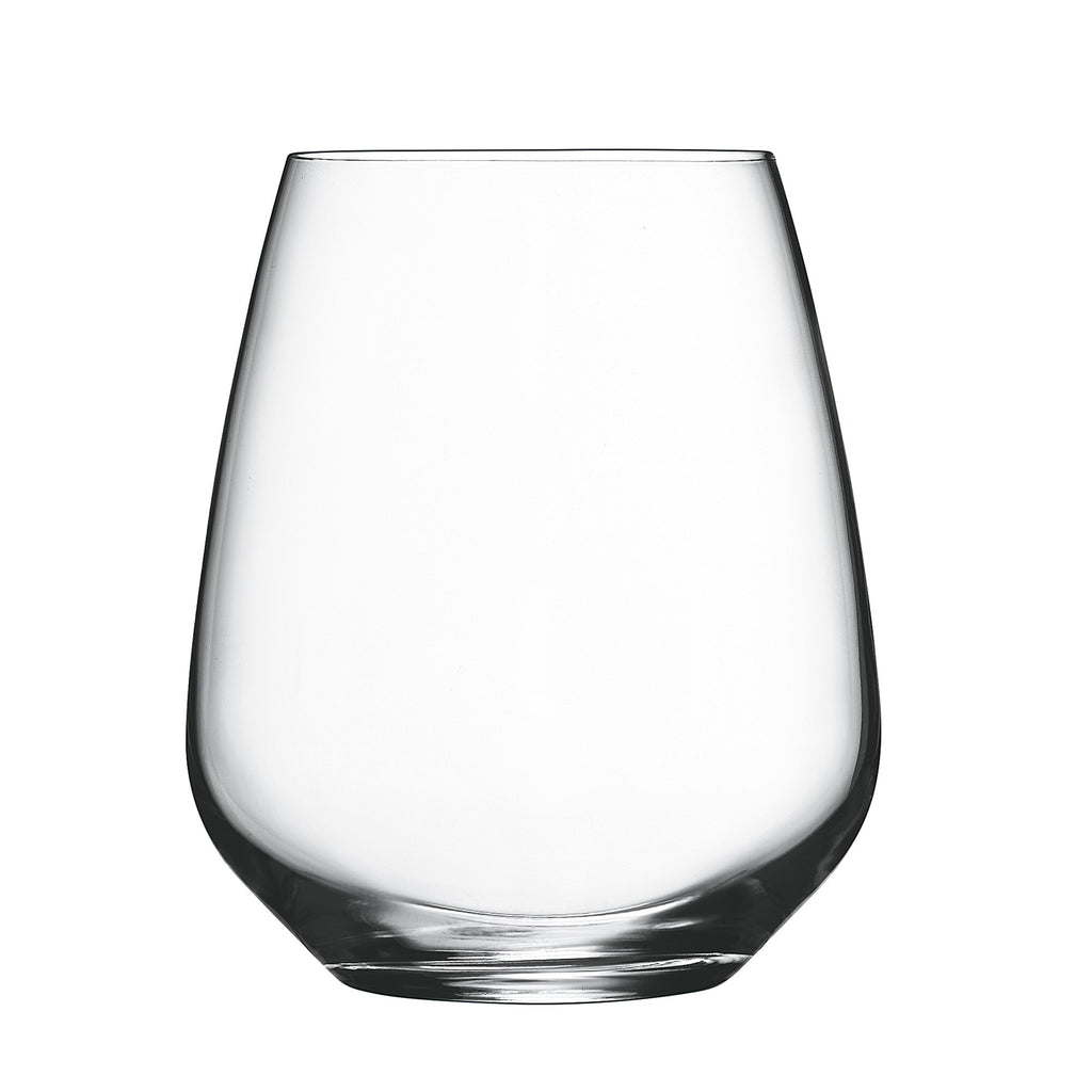 Front view of Luigi Bormioli Crescendo Stemless wine glass showcasing its clear stemless design with a white background