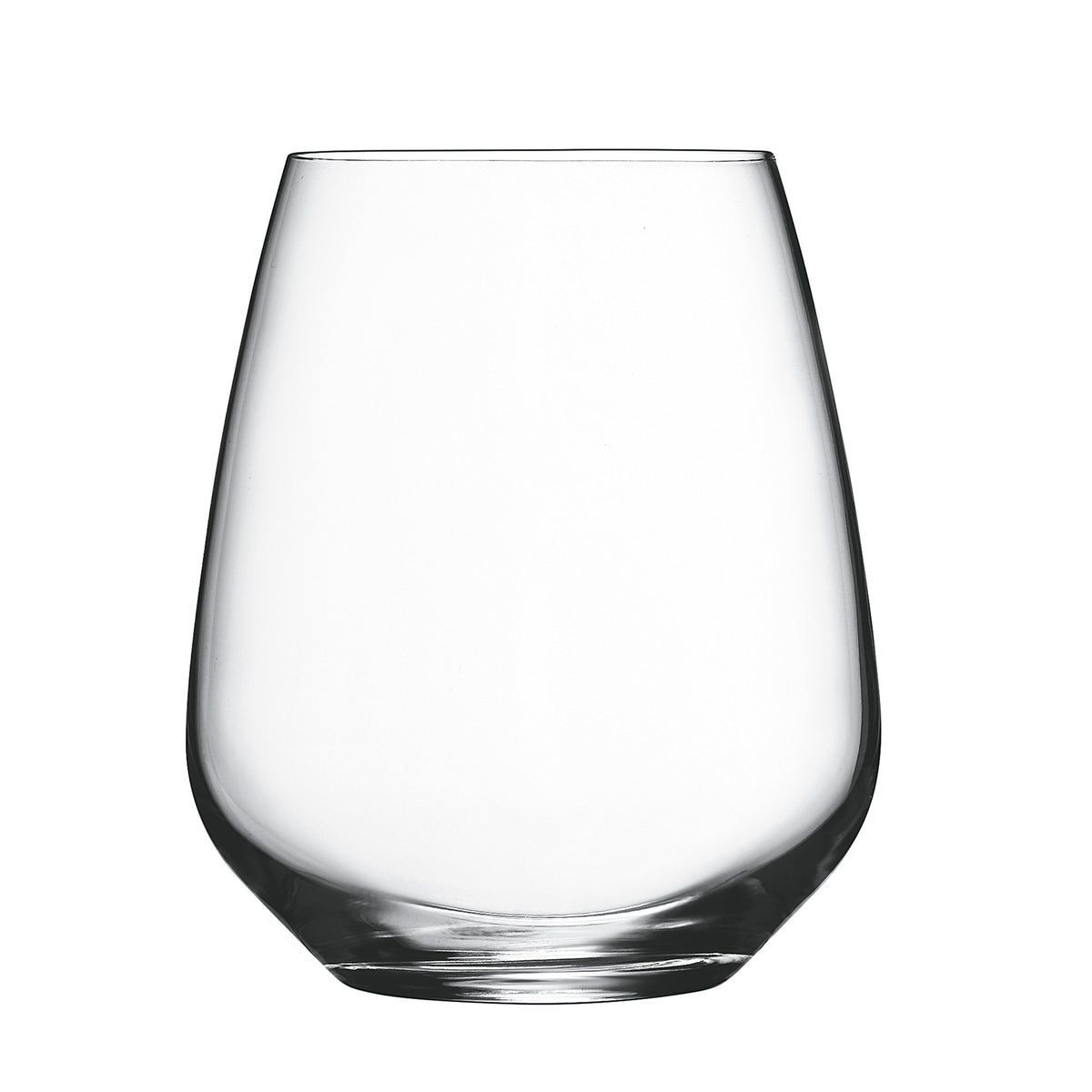 Front view of Luigi Bormioli Crescendo Stemless wine glass showcasing its clear stemless design with a white background