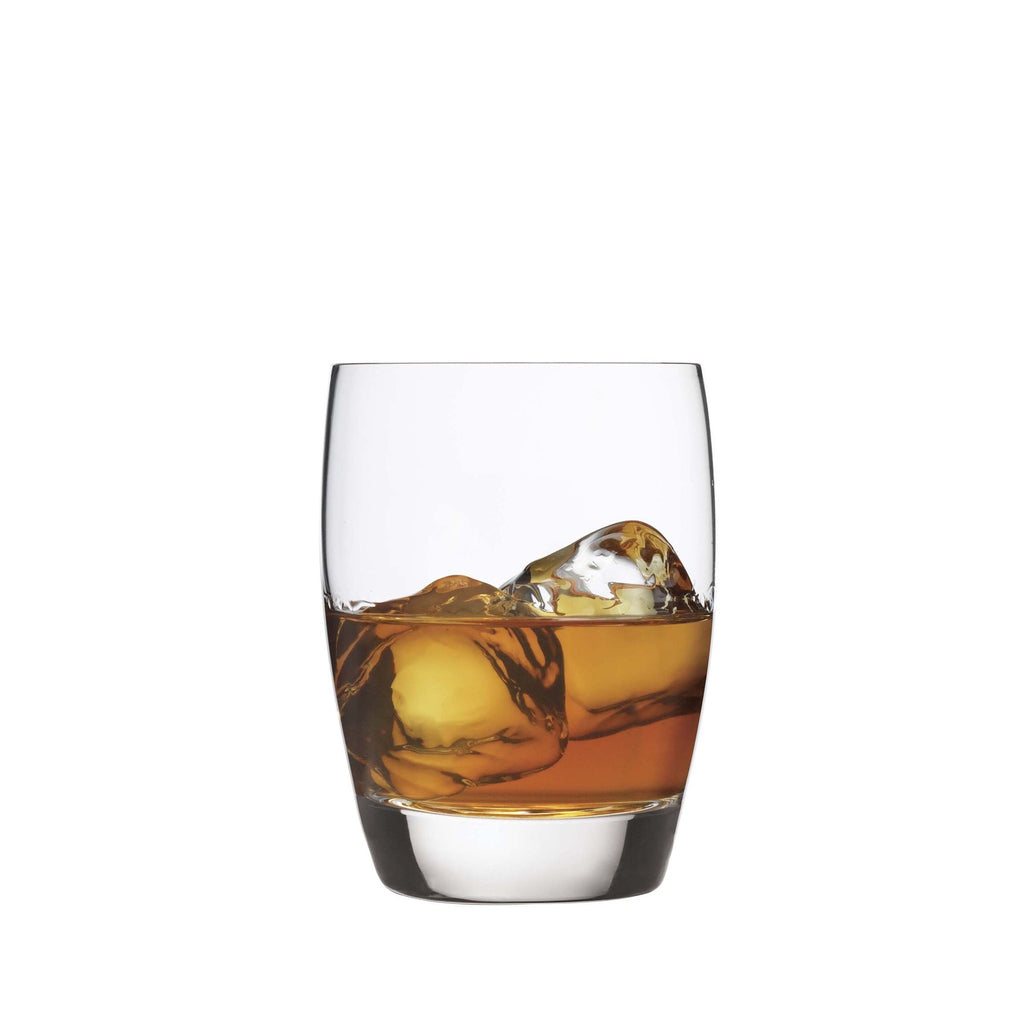 Front view of Luigi Bormioli Michelangelo Beverage tumbler showcasing clear blown crystal glass with ice and amber beverage on white