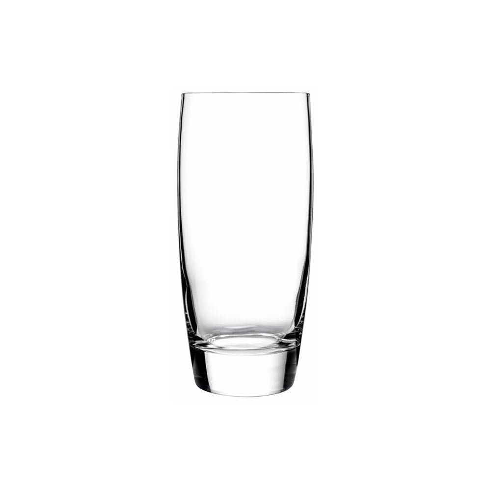 Front view of Luigi Bormioli Michelangelo Cooler Iced Tea showcasing clear glass and thick base on a white background