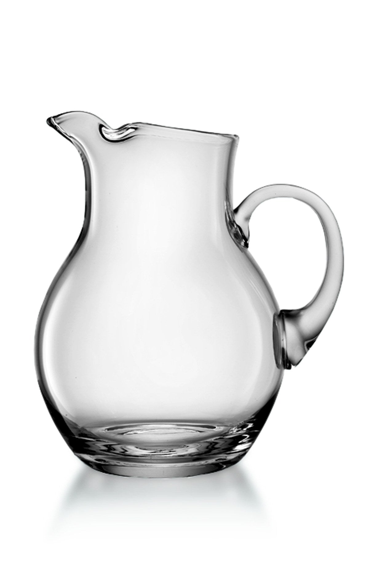 Front view of Luigi Bormioli Michelangelo Pitcher showcasing clear blown crystal glass, curved handle, and pouring spout on white background