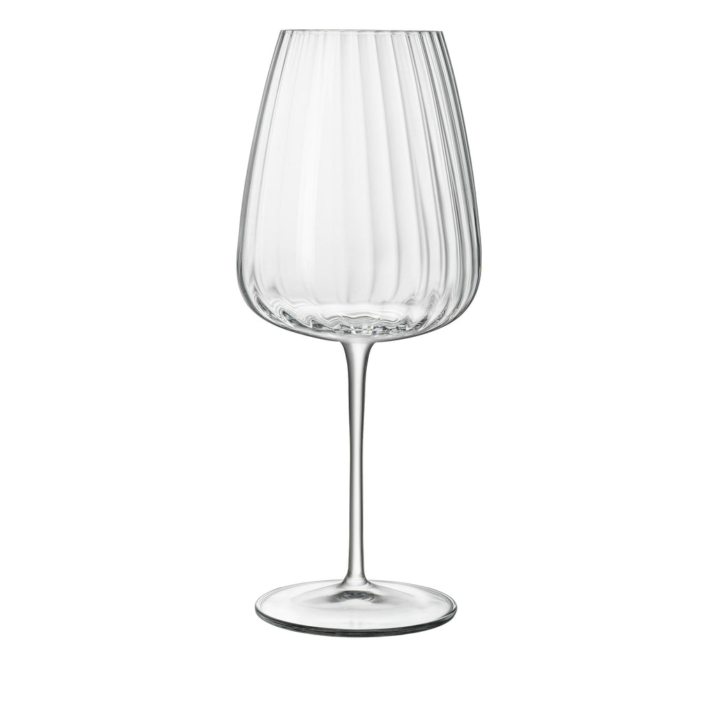 Front view of Luigi Bormioli Optica Bordeaux wine glass showcasing a fluted crystal bowl and slender stem on a white background