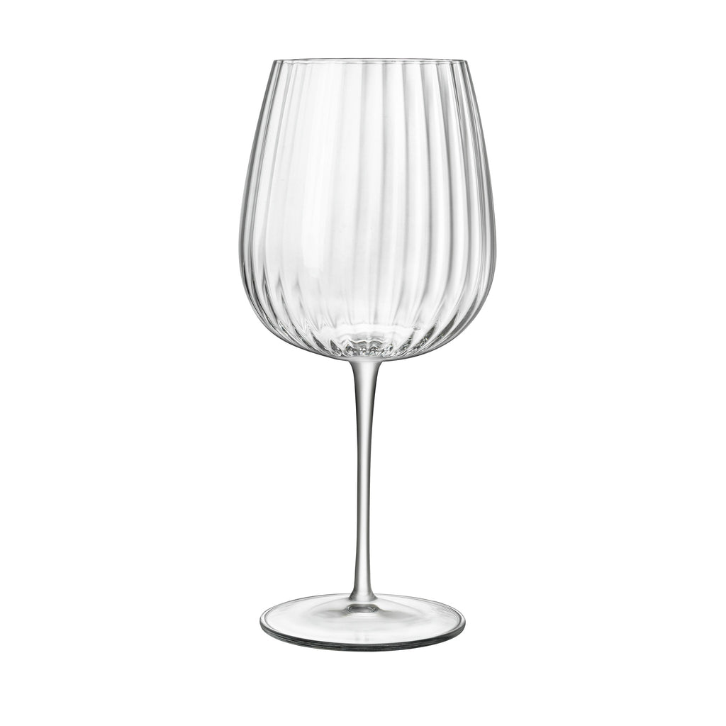 Front view of Luigi Bormioli Optica Burgundy Gin Glass showcasing its fluted bowl and slender stem on white background