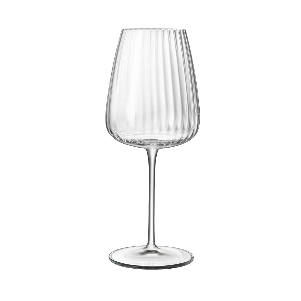 Front view of Luigi Bormioli Optica Chardonnay wine glass showcasing its fluted crystal bowl on a white background