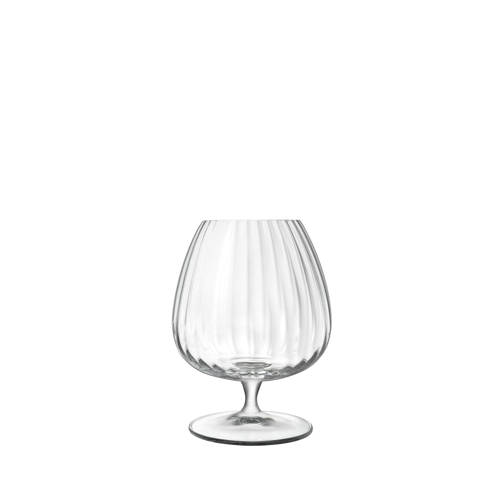Front view of Luigi Bormioli Optica Cognac brandy glass showcasing a ribbed bowl and stem on white background