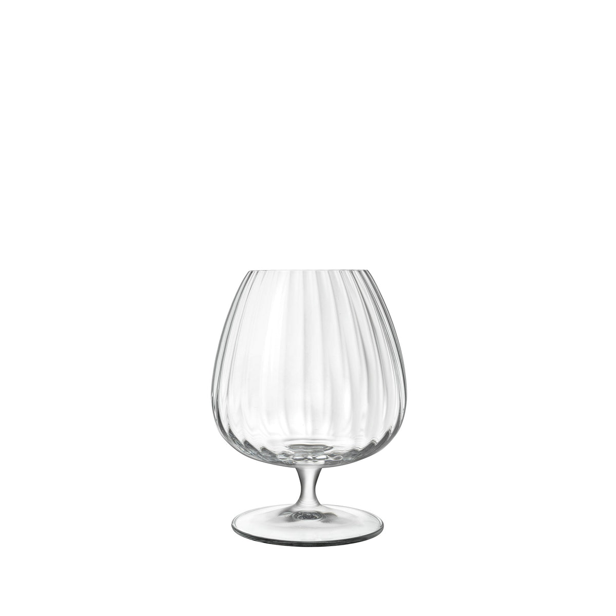 Front view of Luigi Bormioli Optica Cognac brandy glass showcasing a ribbed bowl and stem on white background